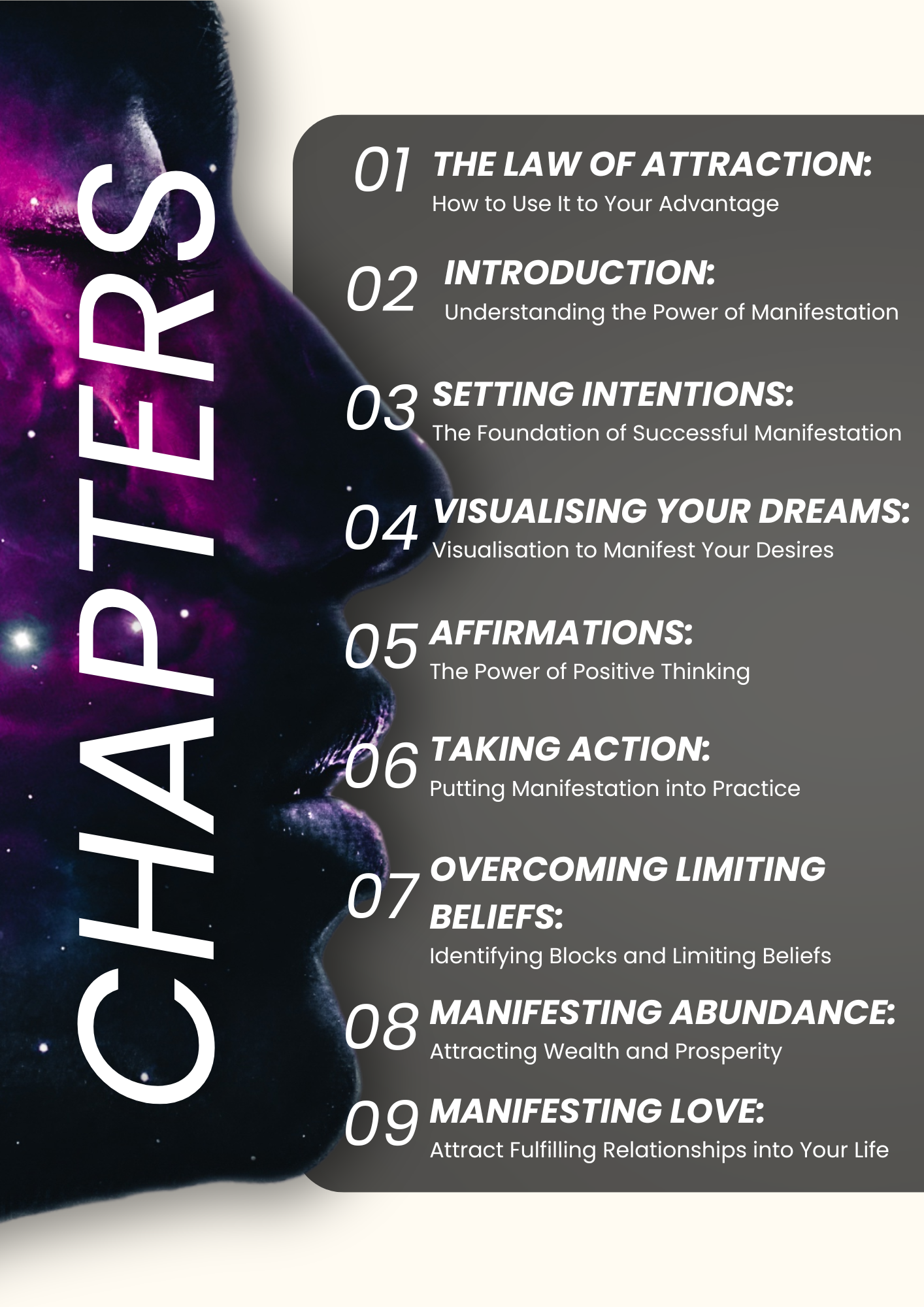 9 chapters on Law of Attraction, intentions, visualizations, affirmations, action and abundance.